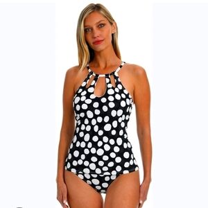 LA BLANCA 2 Piece Tankini Black White Mod Dot Slimming Swim Suit 4 $159 NEW Cut